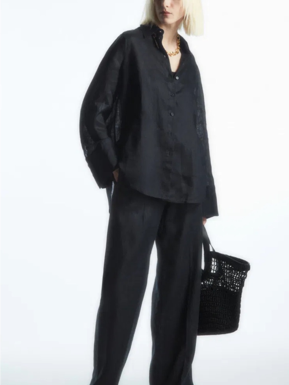 COS Linen Black Oversized Button-Up Shirt - Picture 4 of 15